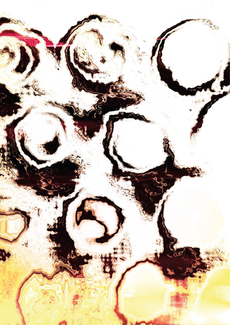Abbildung aus dem Beitrag: Kaffeesatz-Ringe, maschinell verfremdet in Braun, Weiß und Gelb.