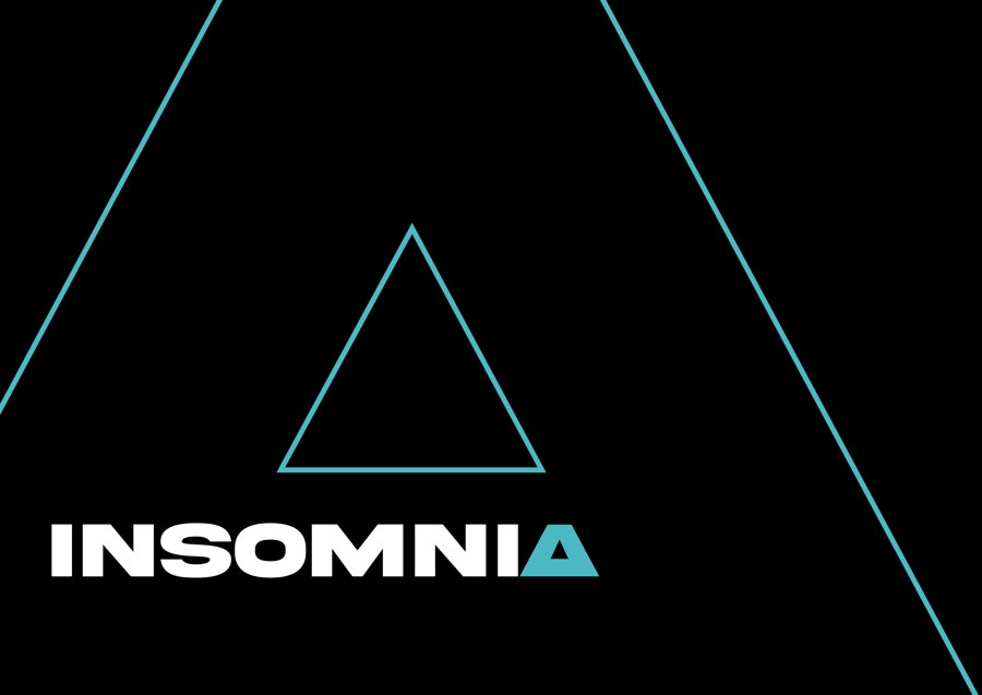 Plakat der Ausstellung INSOMNIA: der Schriftzug in Weiß und Türkis auf Schwarz, dazu große türkise Dreiecke.